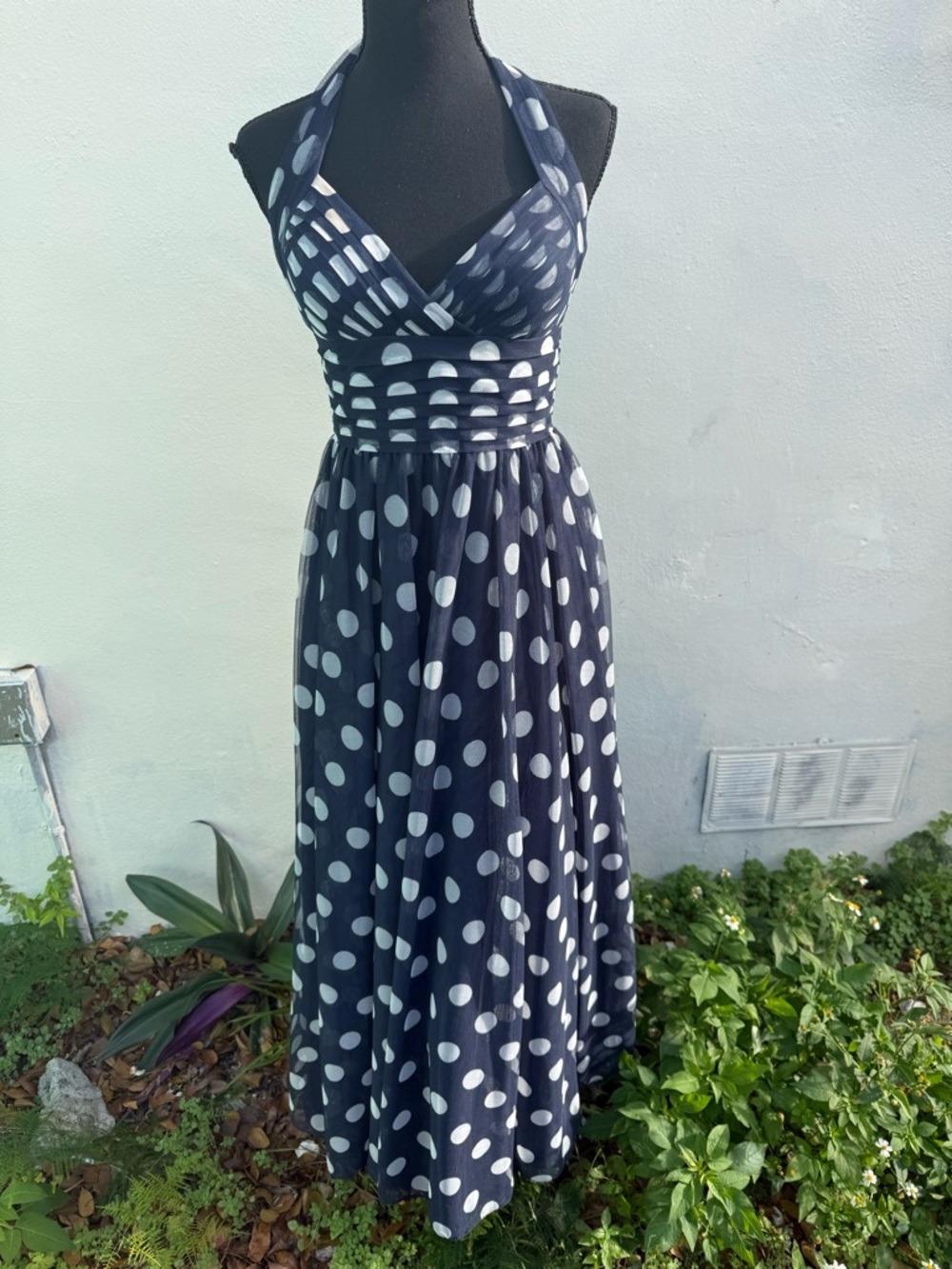 Adrianna Papell Navy and White Polka Dot Halter Maxi Dress